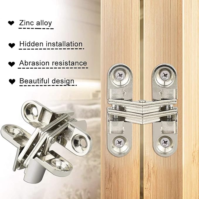 2 Pack 1.77 in Hidden Hinge Invisible Concealed Cross Hinges 180 Degree Folding Door Cross Zinc Alloy Hidden Hinges Swing Invisible Hinge for Cabinet, Cupboard,Wooden Box,with Screws-S5