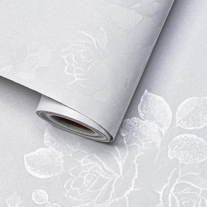 White Wallpaper Silk Embossed Floral Thicken Textured 393in 17.7in | Cool White Flower Contact Paper for Cabinets Furniture,Vinyl Self Adheive Removable Wallpaper Used for Bedroom Living Room