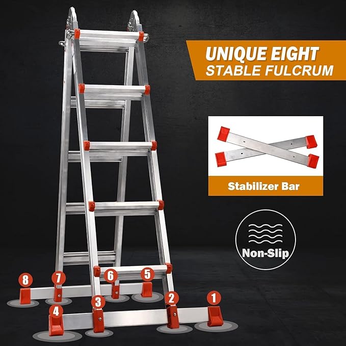 Soctone Ladder, A Frame Extension Ladder, Multi Position with Stabilizer Bar, 330 lbs Weight Rating Telescoping Ladder for Household or Outdoor Work, 17.5 Ft, Orange
