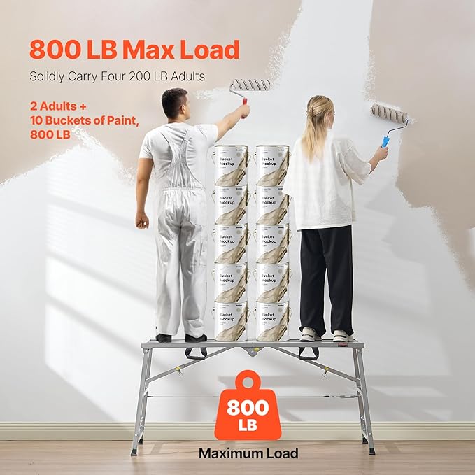 VEVOR Work Platform, 55"x 15" Portable Scaffolding Platform, Folding Steel Step Ladder Adjustable Height 27.5”-45.3”, 800 lbs Load Capacity, Non-Slip Drywall Painting Stool for Cleaning &Washing