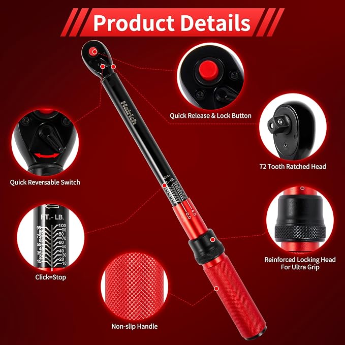 Hairich 3/8-Inch Torque Wrench, Dual-direction Torque Wrenches 10-100ft.lb/13.6-135.6Nm, 72-Tooth Dual Range Scales Torque Wrench with Quick Release Reversible Head | Dual-direction torque wrenches, 72-Tooth Dual Range Scales, Quick Release Reversible ...