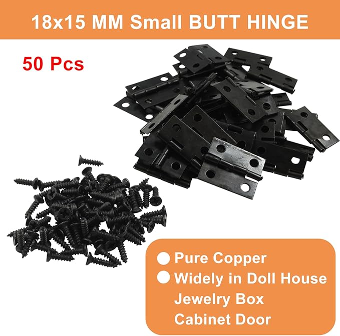 50 Mini Hinges, 0.73"x0.59", Matte Black, Doll House DIY Hinges for Mini Cabinet, Jewelry, Wooden Box