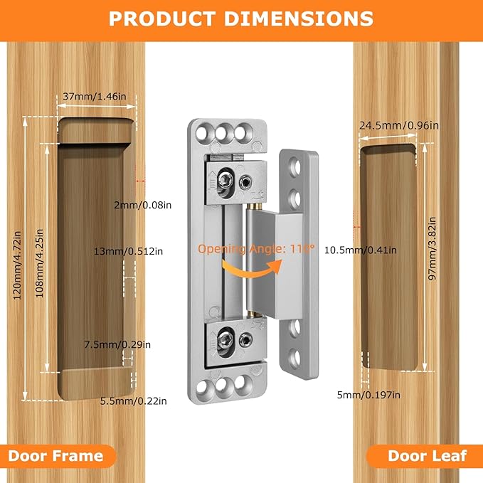 Hidden Door Hinges, 2Pack Adjustable Concealed Hinges 110Lbs Load-Bearing Heavy Duty Pivot Hinge 110° Swinging Invisible Hinges for Secret Doors, Bookcase, Shelf & Murphy Door