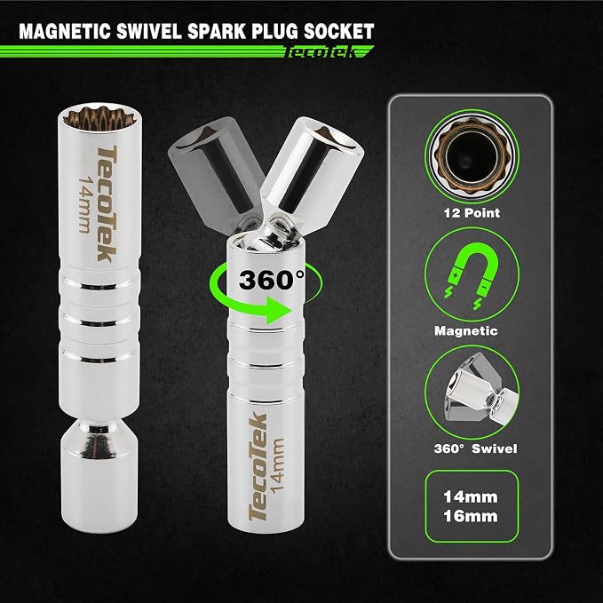 TecoTek 11Pcs 3/8" Drive Spark Plug Socket Set with Click Torque Wrench, Spark Plug Gapper, Universal Joint, Extension Bar, 9/16", 5/8", 3/4", 13/16", 14, 16 and 18mm, CR-V Sockets with Rubber Rings