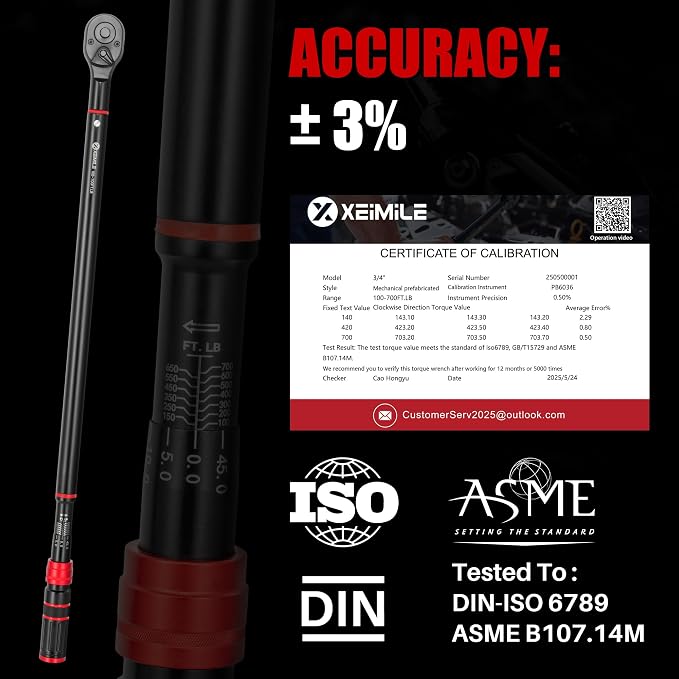 3/4" Drive Click Torque Wrench 100-700Ft.Lb for Truck,HD Vehicles | Inch Pound Torque Wrench(136-949Nm),Dual-Direction Adjustable 48T, 3% Accuracy for Tractor,Combines,Farm Industrial Equipment