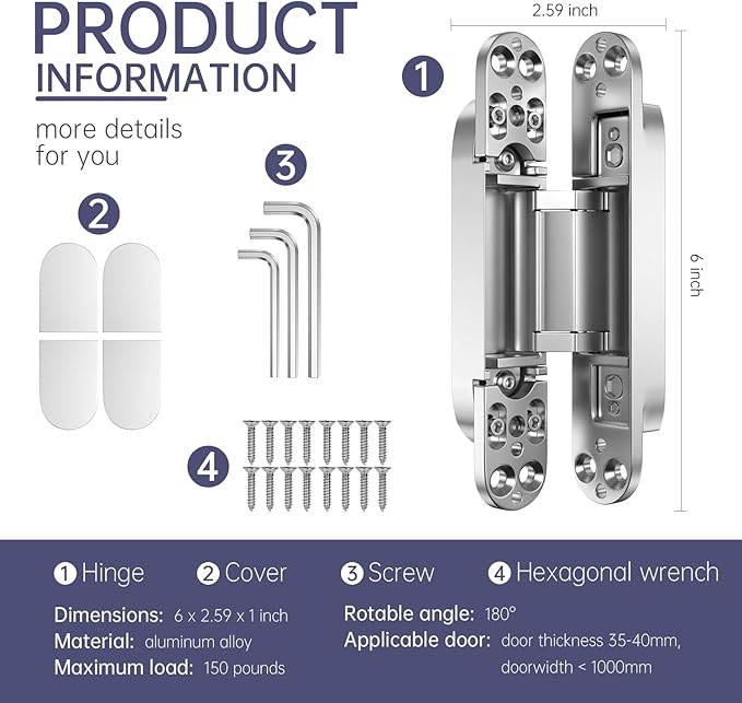 4-Pack 6 inch Hinge for Doors Invisible Hinges Concealed Hinges Zinc Alloy 180 Degree Swing Hinge 3 Way Adjustable Butt Silent Door Hinge 6 x 2.5 x 1 inch (Silver)