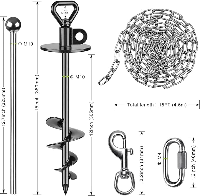 SELEWARE Dog Tie Out Stake, Dog Anchor with 15FT Stainless Steel Dog Chain | 15" Long Anti-Rust Heavy Duty Dog Stake for Large Dogs up to 100 lbs, Easy Install with Twist Rod for Yard, Camping Outside