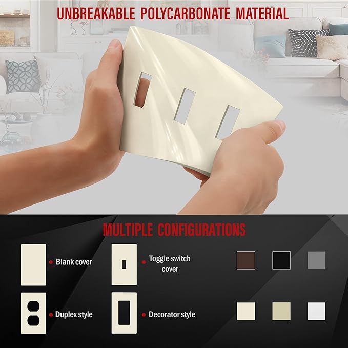 ENERLITES Screwless Triple Toggle Switch Wall Plate, Child Safe Light Switch Cover, Standard 3-Gang 4.68" x 6.53", Unbreakable Polycarbonate Thermoplastic, UL Listed, SI8813-LA, Glossy, Light Almond
