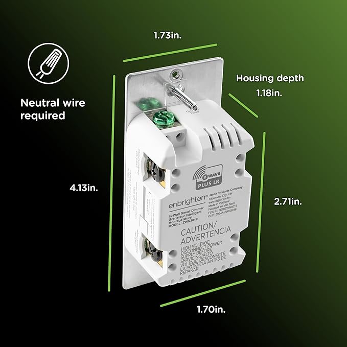 Enbrighten 800 Series Z-Wave Toggle Dimmer, Long Range 800LR, Quick Fit, Simple Wire, Direct 3-Way (No Add-On Switch Needed), Smart Hub Required, Compatible with Alexa, Google Home, 76595