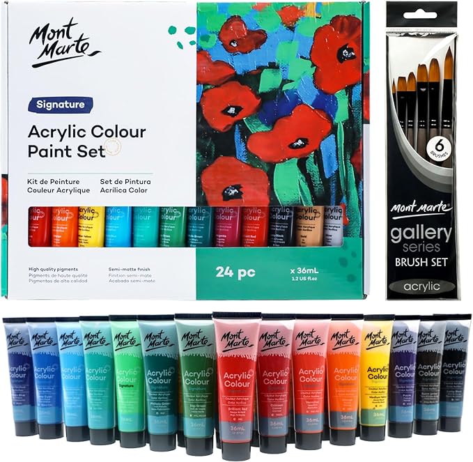 Mont Marte Acrylic Paint Set 24 Colours 36ml with Brush Set, Perfect for Canvas, Wood, Fabric, Leather, Cardboard, Paper, MDF and Crafts