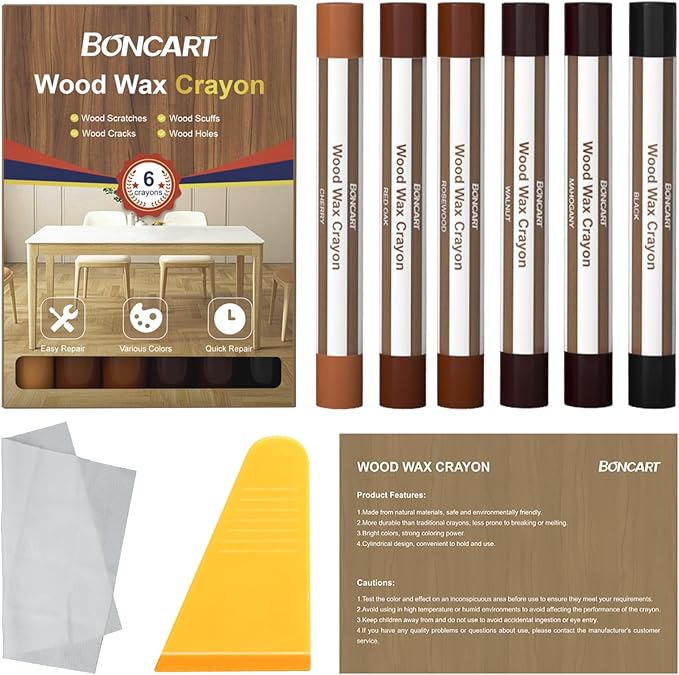 Boncart Wood Filler Sticks,6 Colors Wood Wax Crayons for Repairing Scratches, Scuffs, Cracks, and nail Holes on Wood Furniture, Floors, Cabinets, Tables, and Doors