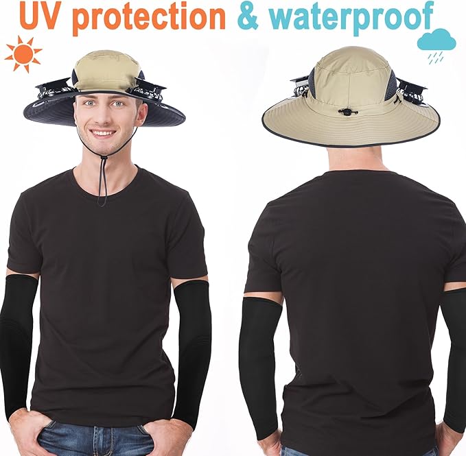 Glitopper 2 Set Wide Brim Solar Fan Hats with 2 Solar Fan and Arm Sleeves Set Outdoor Fishing Bucket Hat for Men Women Hiking