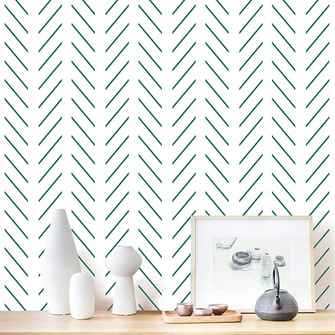 Erfoni Peel and Stick Wallpaper Green Herringbone Wallpaper for Bathroom | 17.7in x 393.7in Modern Geometric Removable Contact Paper Green and White Line Peel Stick Self Adhesive Wallpaper for Walls