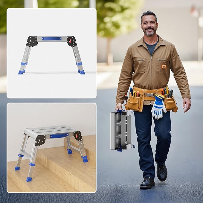 Loyoda Folding Step Stool for Adults, Aluminum Work Platform Adjustable Height, Lightweight and Durable Portable Outdoor Aluminum Step Stool Foldable, Maximum Load Capacity of 440 Pounds.