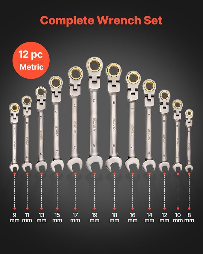 VEVOR Flex-Head Ratcheting Wrench Set, 12-Piece Metric 8 mm to 19 mm, 72 Teeth, Cr-V Steel Ratchet Flexible Combination Wrench Set with Roll Up Pouch, for General Household and Automotive Repairs