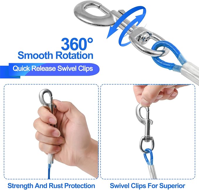 Tie Out Cable for Dogs,10/20/30/50/100FT Dog Leads for Yard Chew Proof,Heavy Duty Tie Out Cable for Large Dogs Up to 125lbs,Dog Runner Tether (Blue, 125Ibs 100ft)
