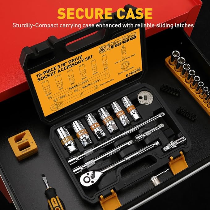 12-Piece 3/8" Drive Spark Plug Socket Set with Ratchet Handle, Universal Joint, Spark Plug Gapper & Extension Bar, 9/16", 5/8", 3/4", 13/16", 14mm, 18mm, CR-V Sockets with Rubber Holding Rings