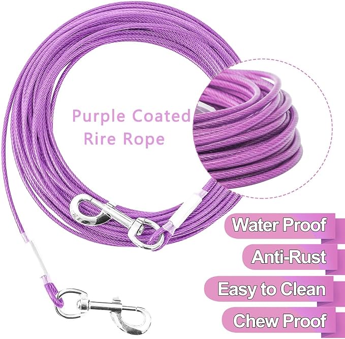 Tie Out Cable for Dogs,10/20/30/50/100FT Dog Leads for Yard Chew Proof,Heavy Duty Tie Out Cable for Large Dogs Up to 125lbs,Dog Runner Tether (Purple, 125Ibs 100ft)