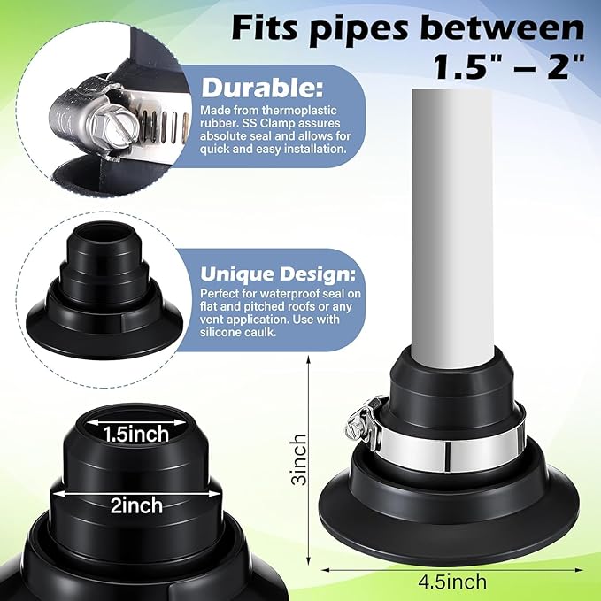 Roof Collar Repair Boot 2-Pack for 1.5–2 in Vent Pipes + Silicone Sealant — Flexible Thermoplastic Rubber Roof Vent Flashing Collar Repair — Quick Leak Fix Over Existing Roof Boot (Made in USA)