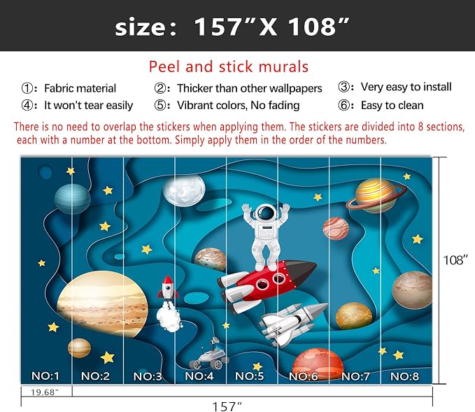 YIHWM-Peel and Stick Cartoon Planet Wallpaper Outerspace Astronaut Mural | Tear-resistant,with a substantial feel;Will not be damaged during repositioning.Boy's Room,kids room wallpaper.XL-157"x108"