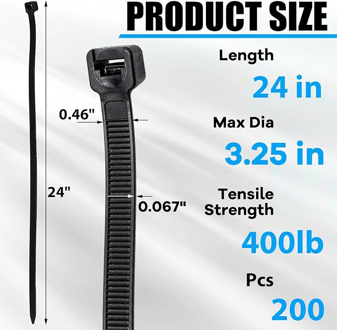 Reallnaive 500 Pcs 24 Inch Zip Ties Heavy Duty 400 Lbs Tensile Strength Black Nylon Wire Cable Ties Bulk for Indoor Outdoor