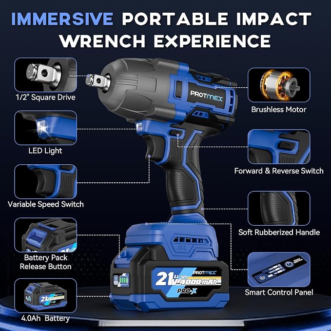 900Ft-lbs (1200N.m) Impact Wrench, 1/2" Cordless Impact Gun, 21V High Torque Brushless Impact Driver, 2x4.0Ah Batteries Electric Impact Motor Variable Speeds for Car/Pickup Truck/Mower, Blue