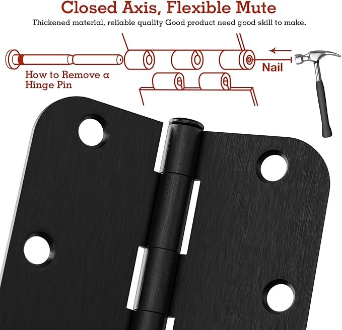 12 Pack Black Oil Rubbed Bronze Door Hinges 3.5" x 3 1/2 Inch Black Brushed Interior Hinge Rounded 5/8" Radius Corner 3 ½"Iron Residential Standard Bedroom Bifold Single Double Doors Hardware Kit