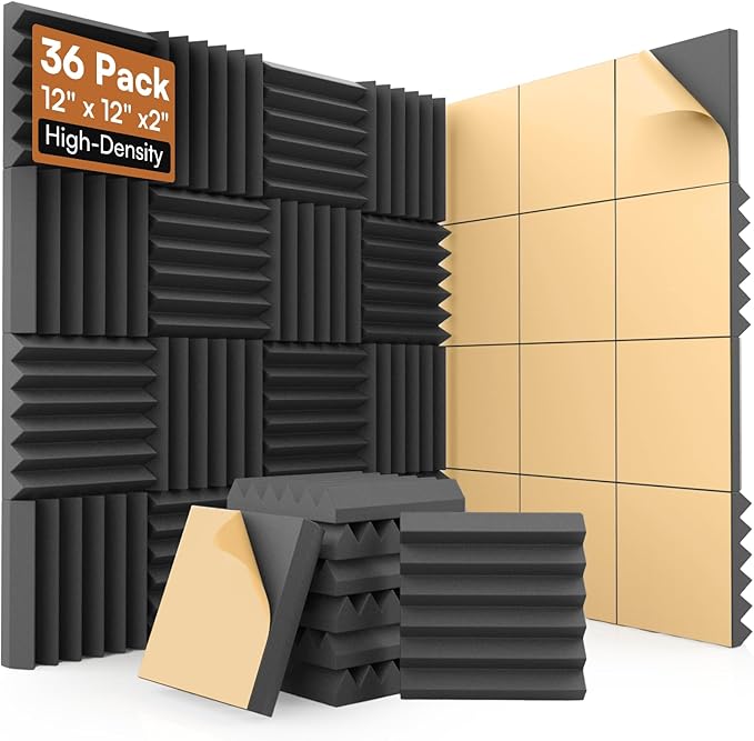 SD SODOCT 36 Pack Wedge Acoustic Foam Panels, Self-Adhesive Sound Proof Foam Panels for Walls, 12 x 12 x 2 Inches High Density Acoustic Foam, Fire Resistant, Studio Wall & Ceiling Panels, Black