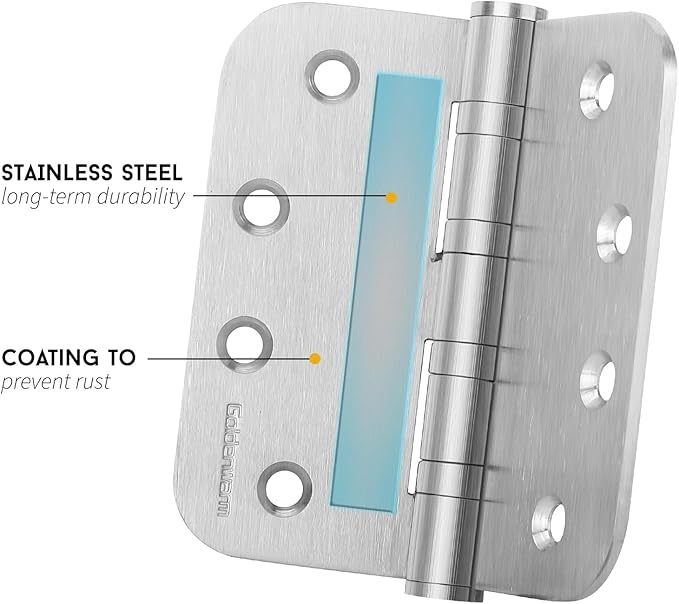 3 Pack goldenwarm Satin Nickel 4'' Door Hinges for Exterior Doors Ball Bearing Door Hinges 4in x 4in with 5/8'' Radius Corners, Heavy-Duty, 304 Stainless Steel