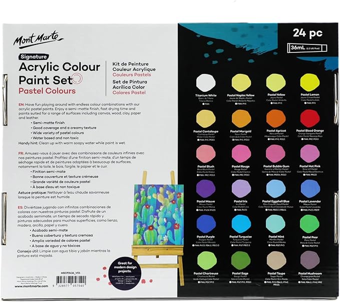 Mont Marte Acrylic Colour Pastel Paint Set Signature 24pc x 36ml (1.2 US fl.oz), Creamy Pastel Acrylic Paint Set, Good Coverage, Semi-Matte Finish, Ideal For Most Art and Craft Surfaces.
