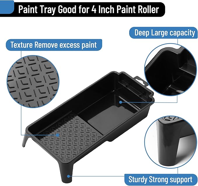 Bates- 4 Inch Paint Tray Set, 12 pcs, Black & Blue, 1x 4 Inch Paint Roller Tray, 10x Disposable Plastic Liners & 1x Roller Frame
