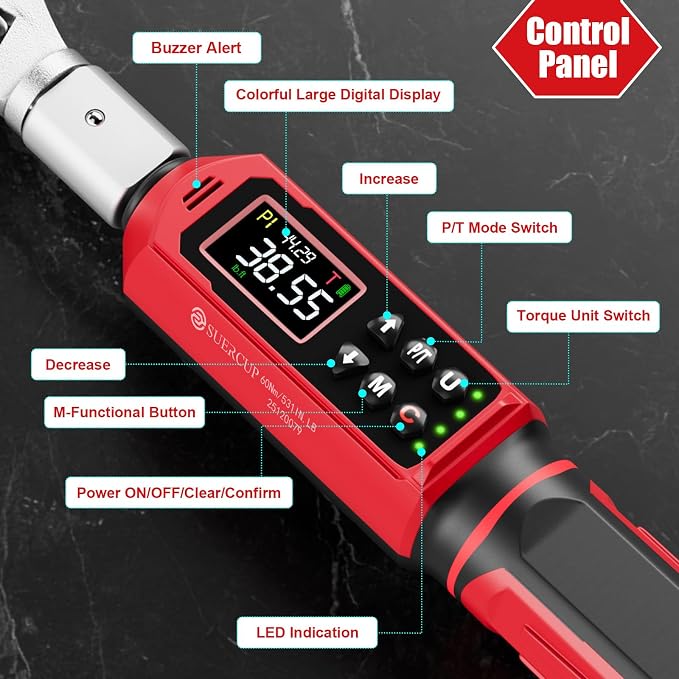 9x12 mm Adjustable Digital Torque Wrench, 0.66-44.29Ft.Lb/0.9-60N.m | Interchangeable Open End Head 42mm Jaw & 3/8" Ratchet, Vibration/Buzzer/LED Alert, for Split AC, HVAC, Bike & Moto Repair
