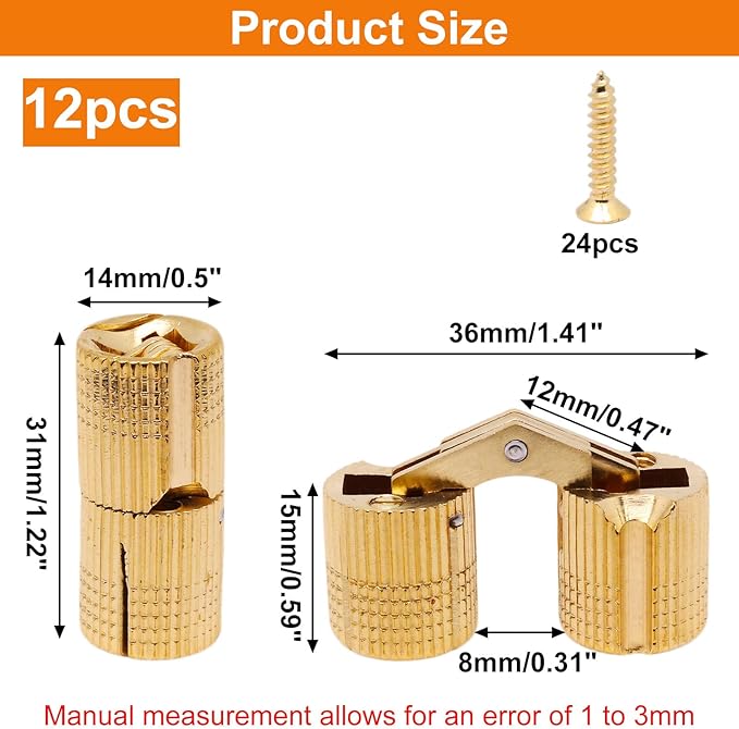 14mm Invisible Brass Barrel Hinges Hidden Concealed Furniture Hinges 180 Degree Opening Angle 12Pcs