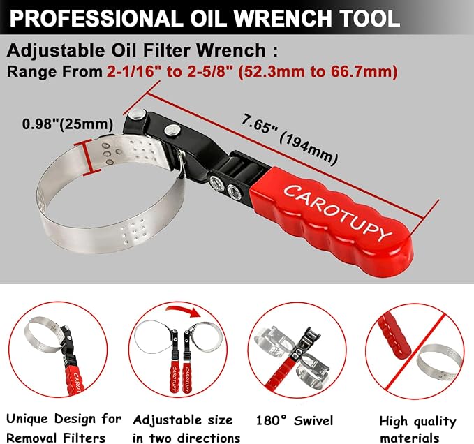 Extra Small Swivel Oil Filter Wrench, Oil Filter Removal Tool | Universal Filter Wrench 2-1/16" - 2-5/8", Stainless Steel, Double Layer Riveted Structure, Swivel 180°, Non-slip Handle