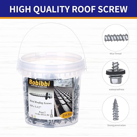 Metal Roofing Screws 10 x 1-1/2 inch, Hex Head Sheet Metal Roof Screw with EPDM Washer for Corrugated Roofing (250Pcs)