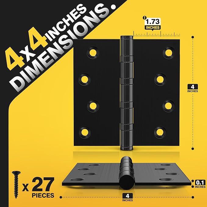 KOLET Ball Bearing Door Hinges, 4 x 4 Inches Door Hinges, Square Corner Heavy Duty Hinges, Commercial Grade Stainless Steel, Smooth and Non Removable Pin, Matte Black, 3 Pack
