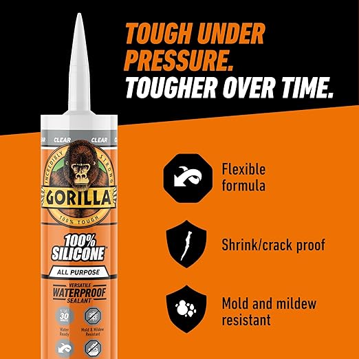 Gorilla 100% Silicone Sealant All Purpose, 10 Ounce Cartridge, Clear (Pack of 2)