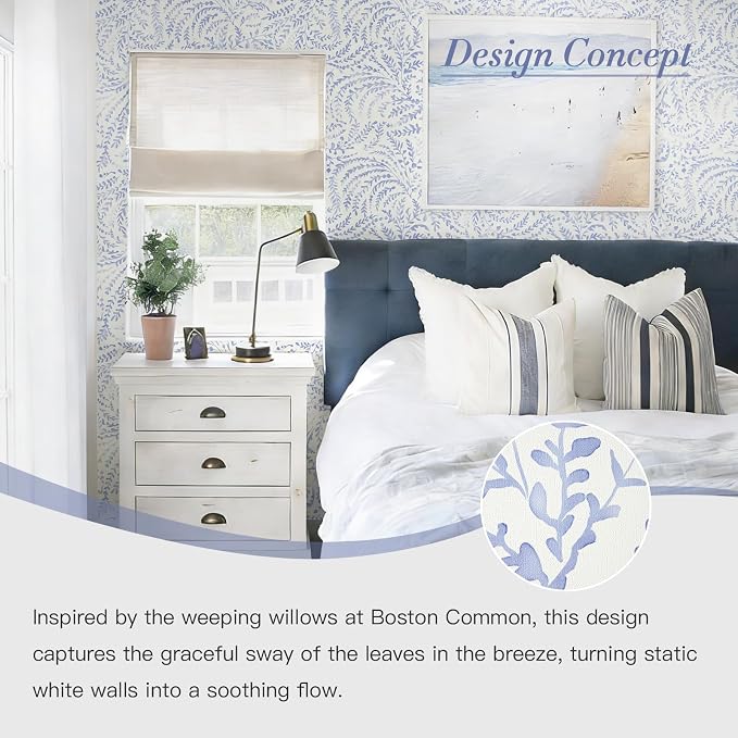 Heroad Peel and Stick Wallpaper Boho Blue Contact Paper Modern Botanical Wall Paper Waterproof Self Adhesive Removable Wallpaper for Bathroom Bedroom Kitchen Living Room Vinyl 17.3''x197''