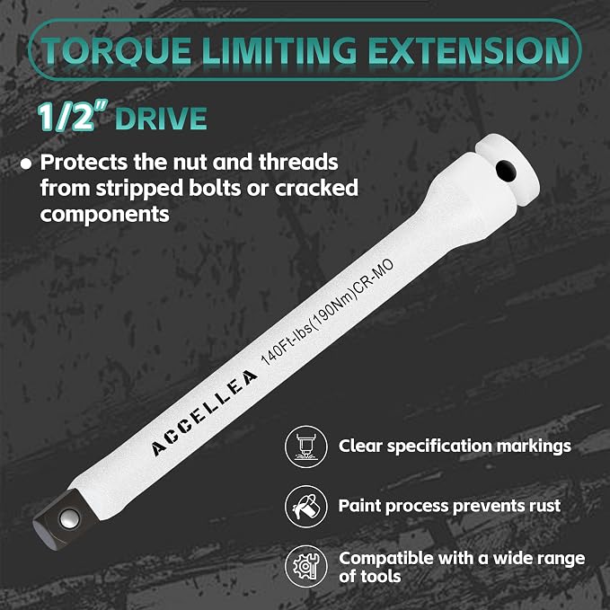 5Pcs Torque Limiting Extension Set 1/2" Drive 65-140 Ft-Lbs Torque Sticks | 8" Long Industrial Grade CR-MO Steel, Color-Coded Impact Socket Extension Bar Set, SAE Standard for Lug Nuts, Tire Repair