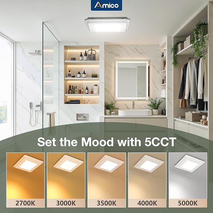 Amico Bathroom Exhaust Fan with Light, 110 CFM, 1.0 Sones, 5CCT, 1000LM, Easy Installation, Ceiling Mount Bathroom Fan, Adjustable Bath Exhaust Vent with light, ETL & FCC Certified