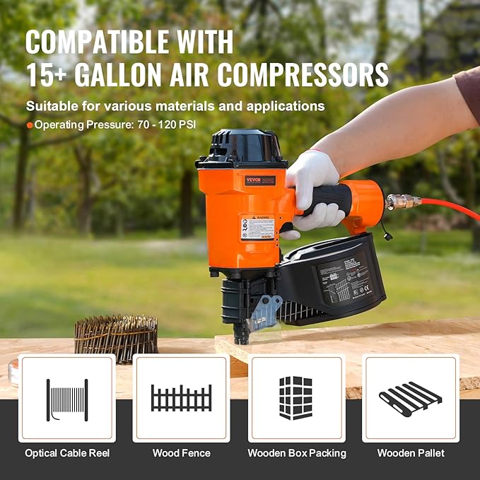 VEVOR Coil Siding Nailer MCN70, 1-3/4" to 2-3/4" 15 Degree Pneumatic Siding Nail Gun, 70-120PSI Air Coil Nailer for Pallet, Crating, Framing, Siding and Fencing