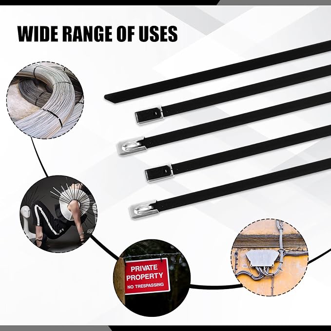 Pelopy 500 Pcs 11. 8 Inch Metal Zip Ties Black 304 Stainless Steel Zip Ties Epoxy Coated Tie Heavy Duty Cable Self Locking Cable Multi Purpose for Machinery Vehicles Exhaust Wrap Outdoor Fence Farms