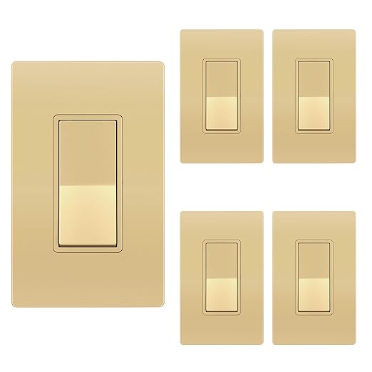 ENERLITES Elite Series Decorator Switch with Screwless Wall Plate, Paddle Light Switch, Single Pole, 3 Wire, Grounding Screw, Residential Grade, 15A 120V, UL Listed, 91150-GDWP5P, Gold Color (5 Pack)