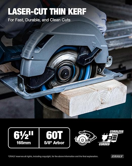 CRALY 6-1/2 Inch 60 Teeth Ultra Fine Finish Wood Cutting Circular Saw Blade, 5/8 Inch Arbor, Carbide Tipped, Thin Kerf, Black Ice™, for Plywood, MDF, OSB, Laminated, 2-Pack(C0660FF-2)