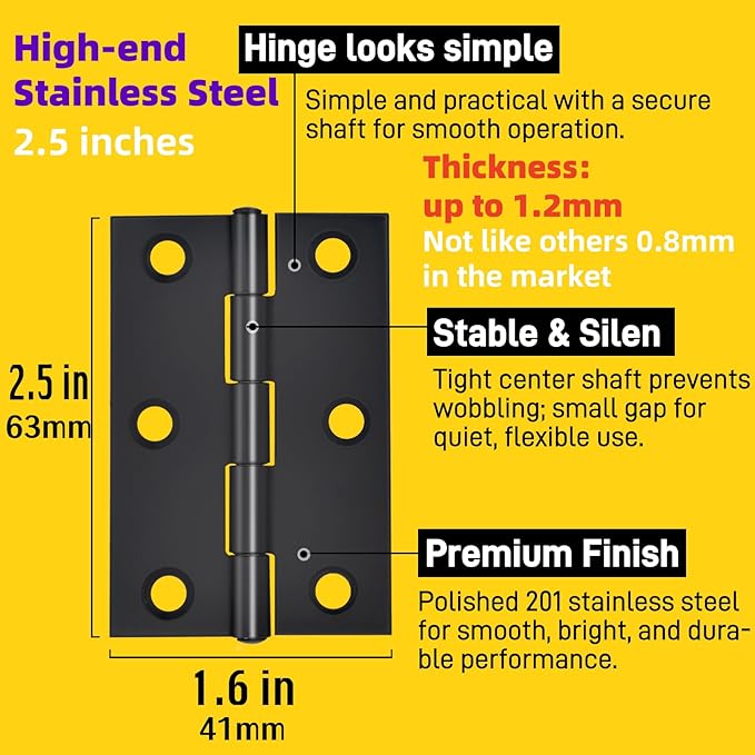 6 PCS 2.5 inch Door Hinge Thick Small Cabinet Hinge, High-end Stainless Steel Butt Hinges for Wood, with 36 Mounting Screws, Black