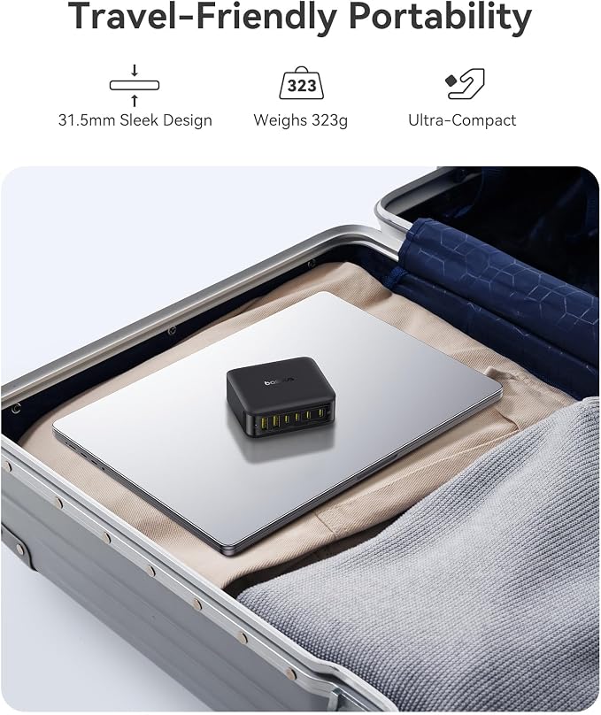 Baseus Charging Station 120W, 6-in-1 USB-C PD Fast Charging Desktop Charger with 5ft Extension Cord, 4 USB C, 2 USB A Ports, Travel Power Strip for iPhone 17/16, iPad Pro, MacBook Pro, Tablet and More