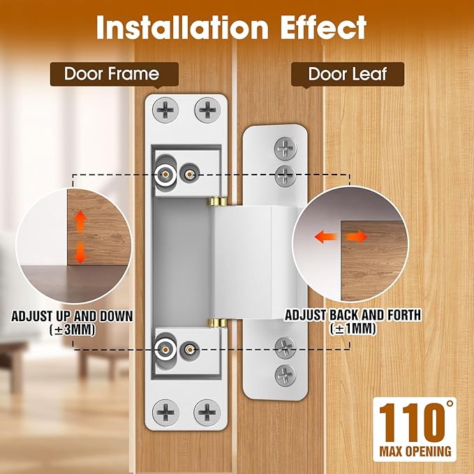 4.5" Hidden Door Hinge/Concealed Hinges,Invisible Hinges,Invisible Door Silent Door Hinge 110 Degree Swing Hinge 2-Way Adjustable Butt Hinge 4.5 x 2 x 1 (2, White)