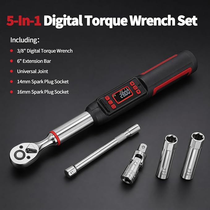 3/8" Digital Torque Wrench Set, ±2% Accuracy, 7.4–154.9 ft-lb (10–210Nm), 14/16mm Spark Plug Sockets, 6" Extension Bar, 3/8 Universal Joint for Auto & Motorcycle Repair