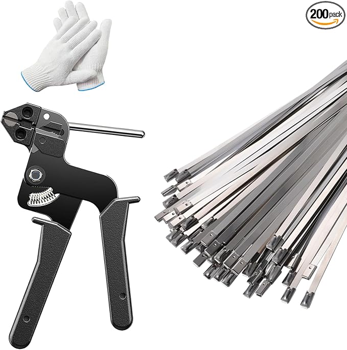 200PCS 11.8Inch 304‑Steel Cable‑Ties Kit with Tie‑Gun & Protective Gloves | High‑strength 304‑steel zip ties provide long‑lasting secure fastening for outdoor‑fence installations.