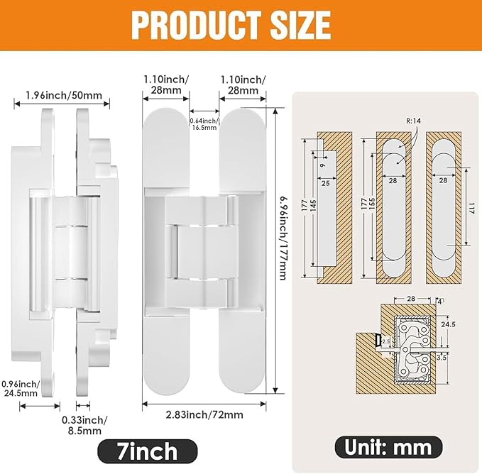 7" Hidden Door Hinge/Concealed Hinges,Invisible Hinges,Invisible Door Silent 180 Degree Swing Hinge 3-Way Adjustable Butt 7 x 2.8 x 1 (White, 7 inches)